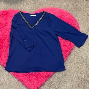 Skies Are Blue Navy V-Neck Blouse with Black Trim